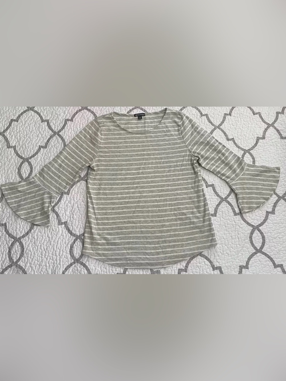 J. Crew Mercantile Gray/White Striped Shirt 3/4 bell sleeve Women’s size small